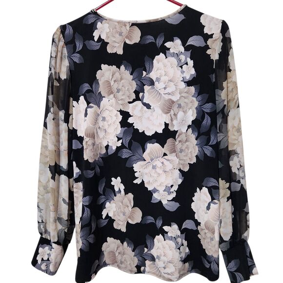 Calvin Klein Top Size Small Black Floral Sheer Sleeves - Picture 4 of 15